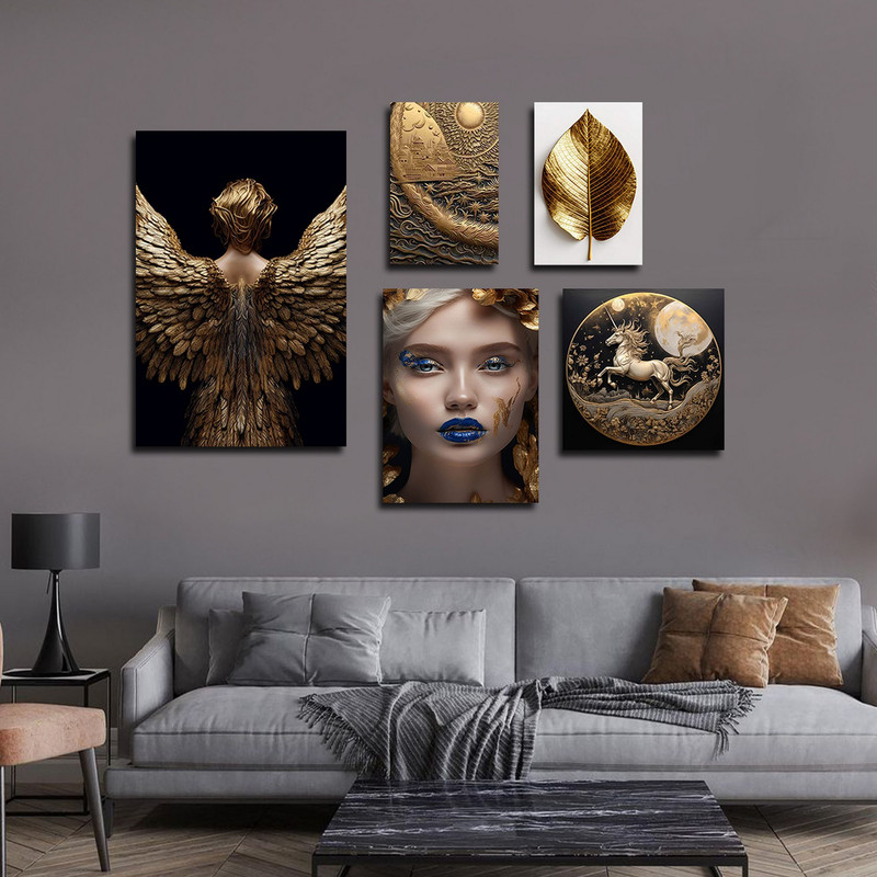 تابلو شاسی بکلیت طرح مدرن ورق طلا فرشته و اسب تک شاخ و برگ مدل SH-1758 مجموعه 5 عددی