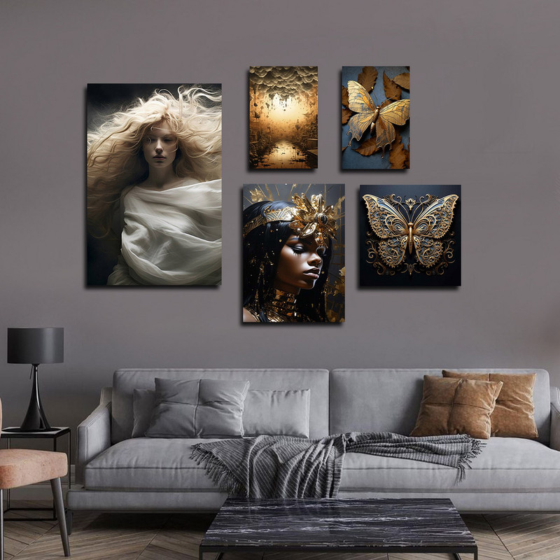 تابلو شاسی بکلیت طرح مدرن چهره و پروانه طلایی مدل SH-1756 مجموعه 5 عددی