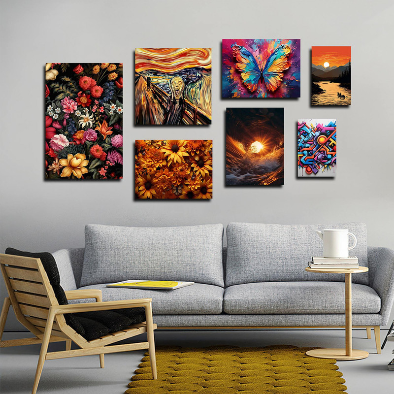 تابلو شاسی بکلیت طرح نقاشی مدرن گل رنگی و پروانه مدل  SH-1748 مجموعه 7 عددی