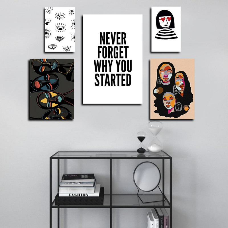 تابلو شاسی بکلیت طرح نقاشی مدرن چهره و جمله انگیزشی مدل SH-1668 مجموعه 5 عددی