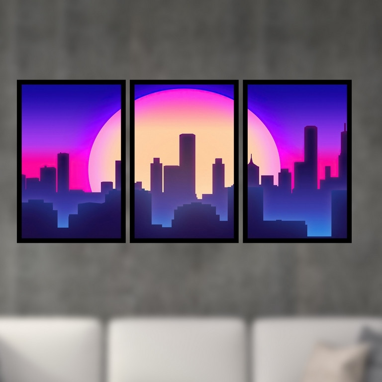 تابلو بکلیت طرح نقاشی منظره ی شهری و غروب آفتاب مدل B-S4950  مجموعه 3 عددی