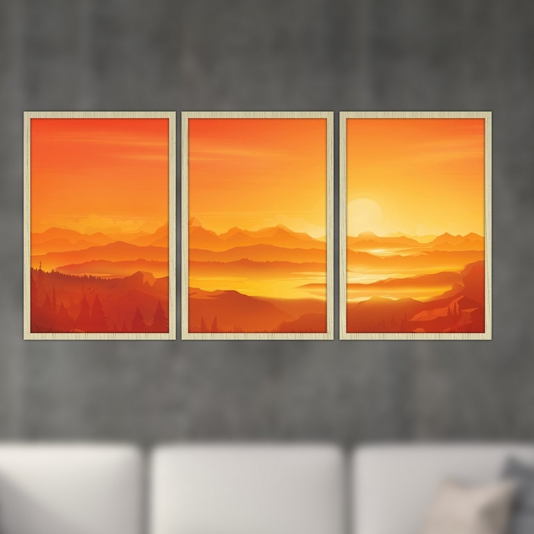 تابلو بکلیت طرح نقاشی منظره غروب آفتاب و کوهستان مدل S4917 مجموعه 3 عددی