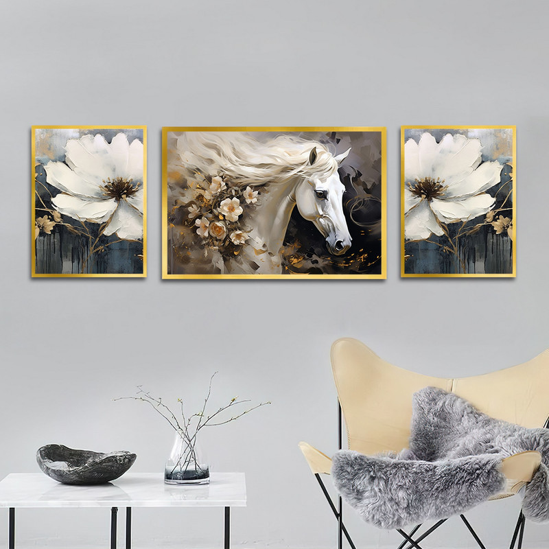 تابلو بکلیت طرح نقاشی مدرن رنگ روغن گل و اسب مدل T-1625 مجموعه 3 عددی
