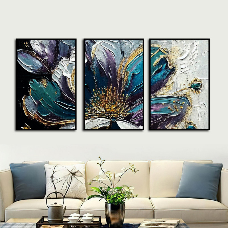 تابلو بکلیت طرح نقاشی رنگ روغن گل برجسته مدل B-1587 مجموعه 3 عددی