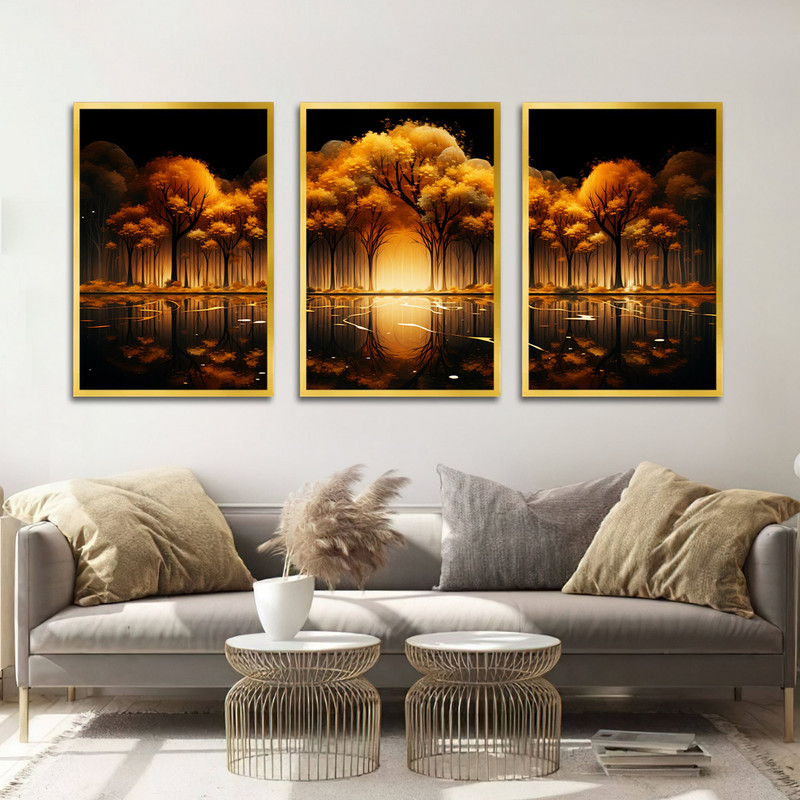 تابلو بکلیت طرح نقاشی منظره دریا و درخت مدل T-1583 مجموعه 3 عددی