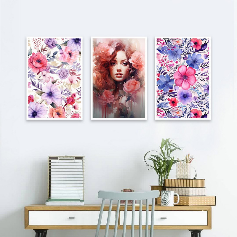 تابلو بکلیت طرح نقاشی چهره و گل رنگی مدل W-1211 مجموعه 3 عددی