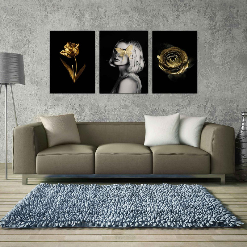 تابلو شاسی بکلیت طرح دکوری مدرن گل طلایی و فشن استایل مدل SH-1518 مجموعه 3 عددی