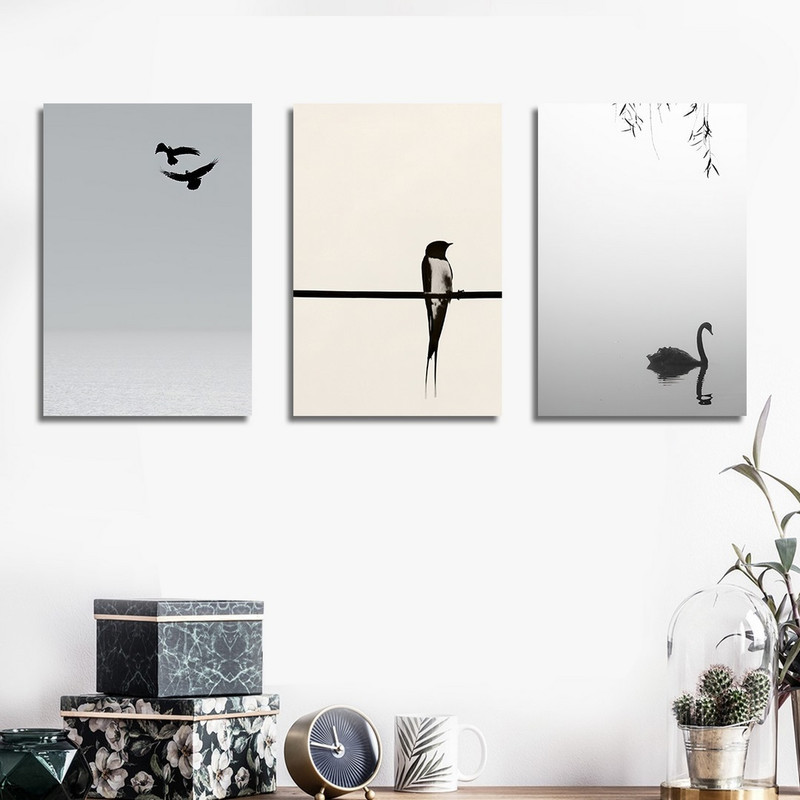 تابلو شاسی بکلیت طرح دکوری هنری مدرن پرنده تنها مدل SH-1459 مجموعه 3 عددی