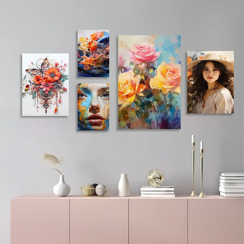 تابلو شاسی بکلیت طرح نقاشی گل رنگی و چهره مدل SH-1172  مجموعه 5 عددی