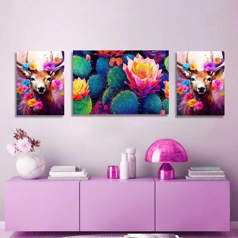 تابلو شاسی بکلیت طرح گل رنگی و آهو مدل SH-1182  مجموعه 3 عددی