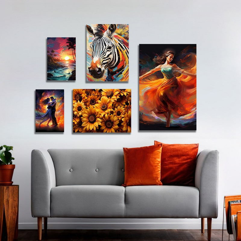 تابلو شاسی بکلیت طرح گل آفتابگردان و گورخر و رقص مدل SH-1159  مجموعه 5 عددی