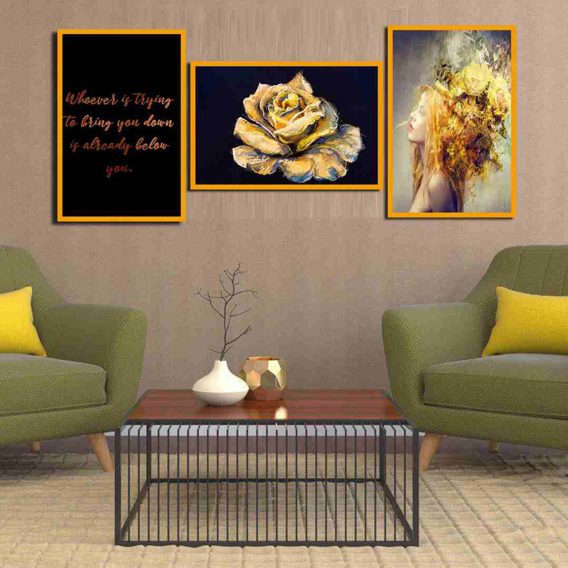 تابلو بکلیت مدل گل طلایی دکوراتیو T-240 مجموعه 3 عددی