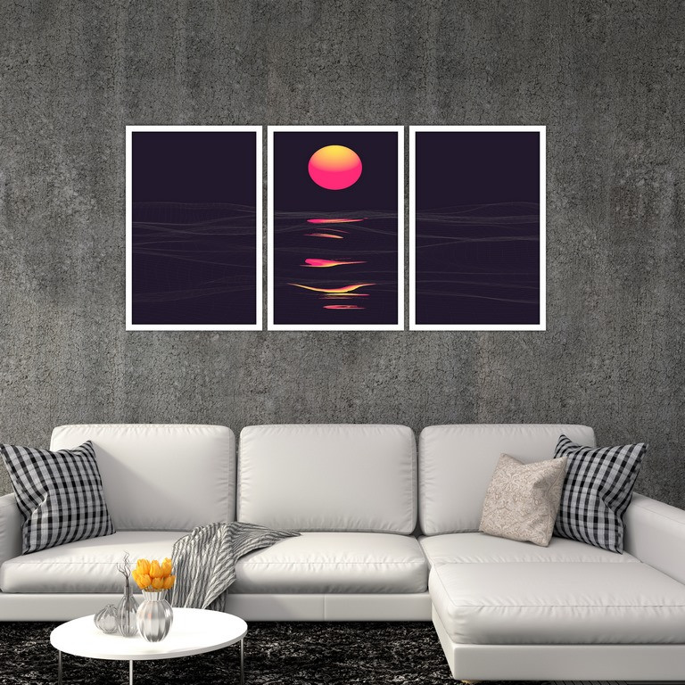 تابلو بکلیت طرح نقاشی غروب افتاب و دریا مدل W-S4825 مجموعه 3 عددی