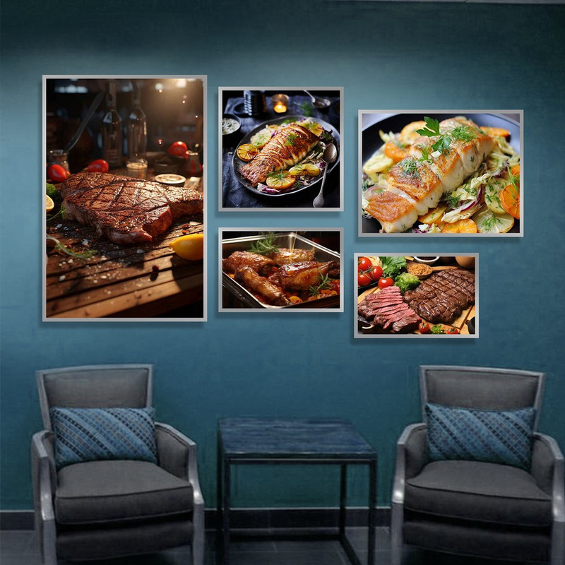 تابلو بکلیت مدل طرح رستوران استیک گوشت و ماهی SI-1140 مجموعه 5 عددی