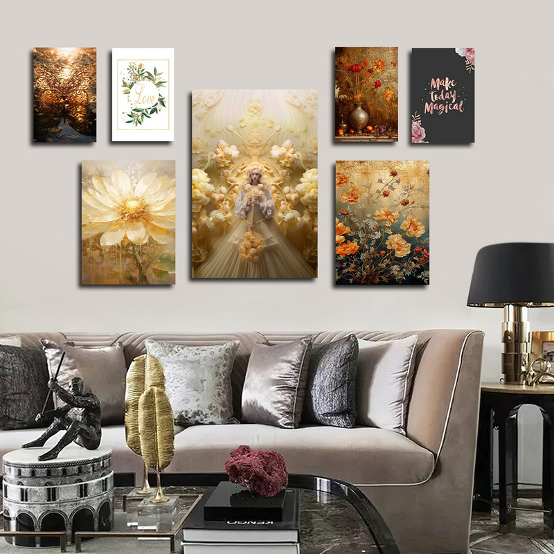 تابلو شاسی بکلیت طرح نقاشی مدرن و گل و پروانه طلایی مدل SH-1647 مجموعه 7 عددی