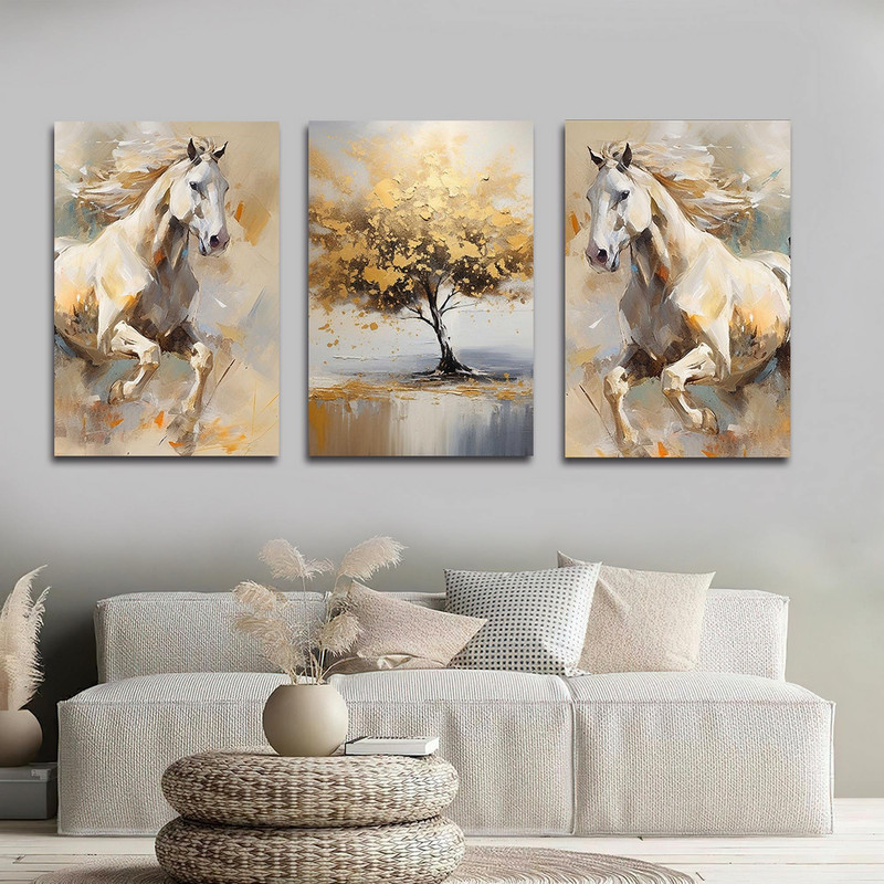 تابلو شاسی بکلیت طرح نقاشی مدرن اسب و درخت مدل SH-1602 مجموعه 3 عددی