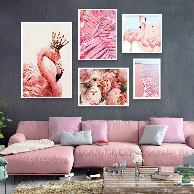 تابلو بکلیت طرح طبیعت گل پیونی و فلامینگو مدل W-771 مجموعه 5 عددی