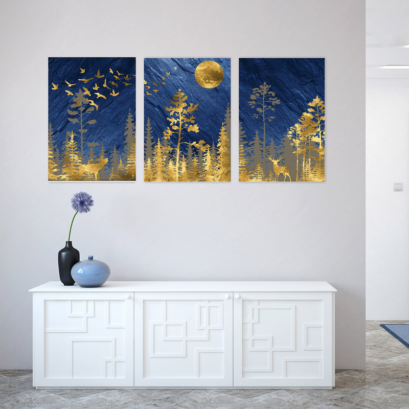 تابلو شاسی بکلیت طرح مدرن ورق طلا طبیعت و گوزن مدل SH-1894 مجموعه 3 عددی