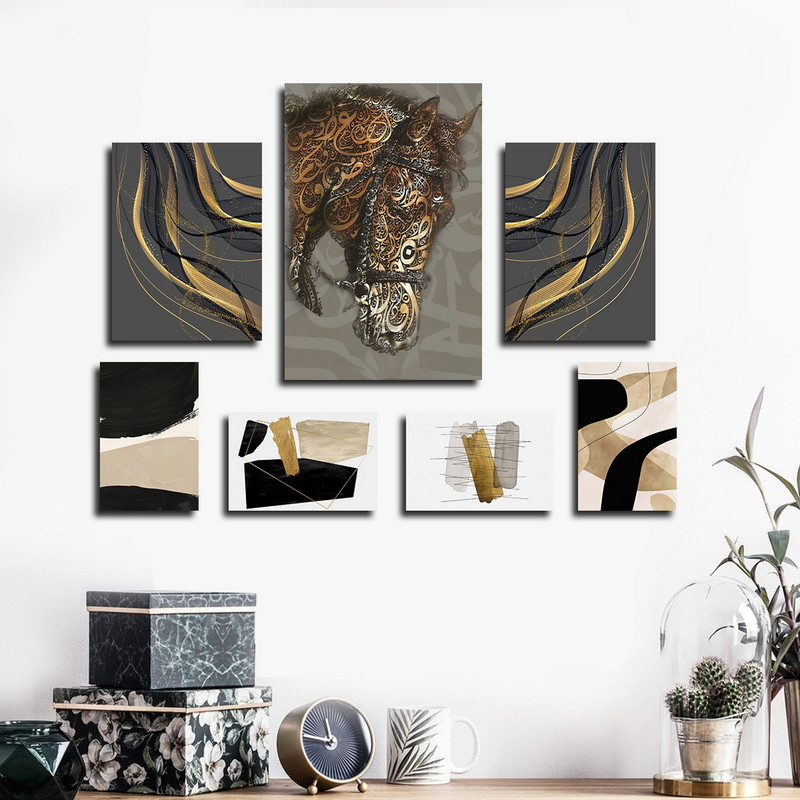 تابلو شاسی بکلیت طرح مدرن ورق طلا خطاطی و اسب مدل SH-1796 مجموعه 7 عددی