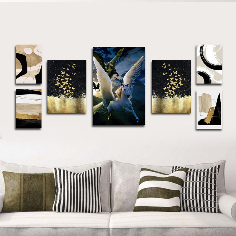 تابلو شاسی بکلیت طرح نقاشی مدرن آبستره و اسب و پروانه مدل SH-1789 مجموعه 7 عددی