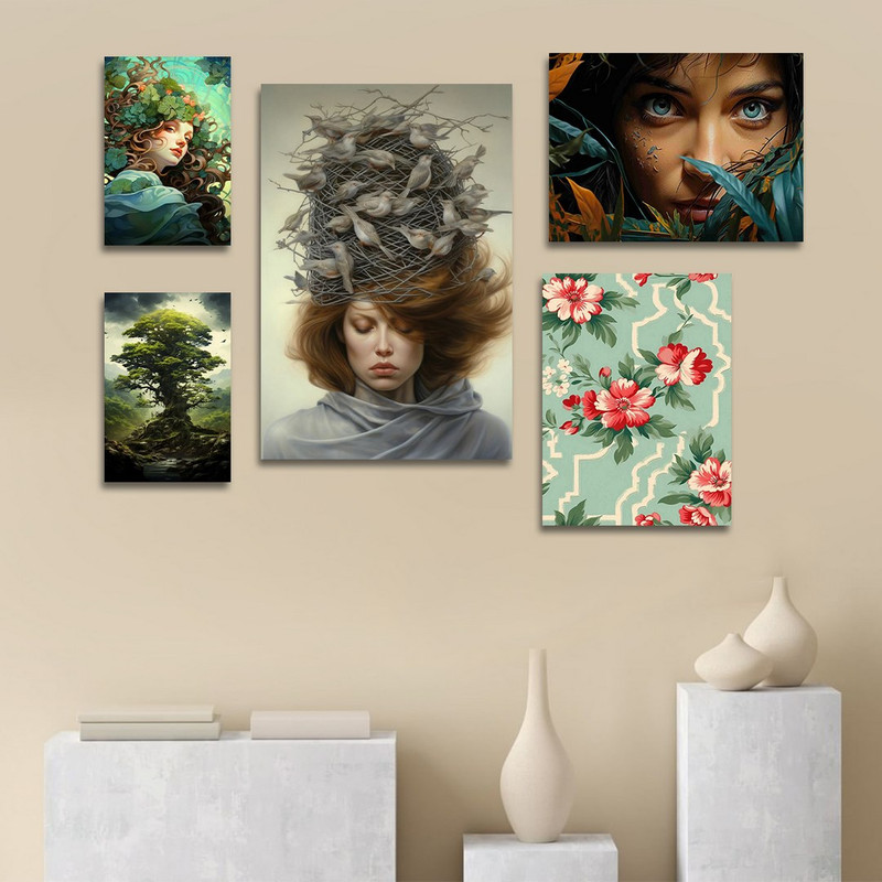 تابلو شاسی بکلیت طرح نقاشی دکوراتیو چهره مدل SH-1358 مجموعه 5 عددی