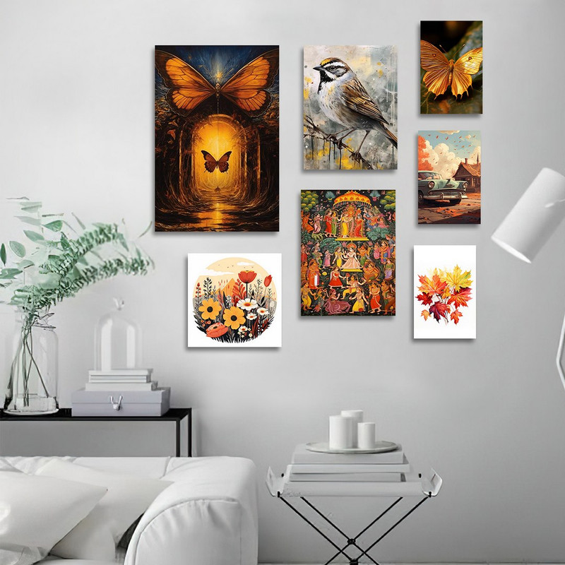 تابلو شاسی بکلیت طرح نقاشی سنتی گل و پروانه مدل SH-1345 مجموعه 7 عددی