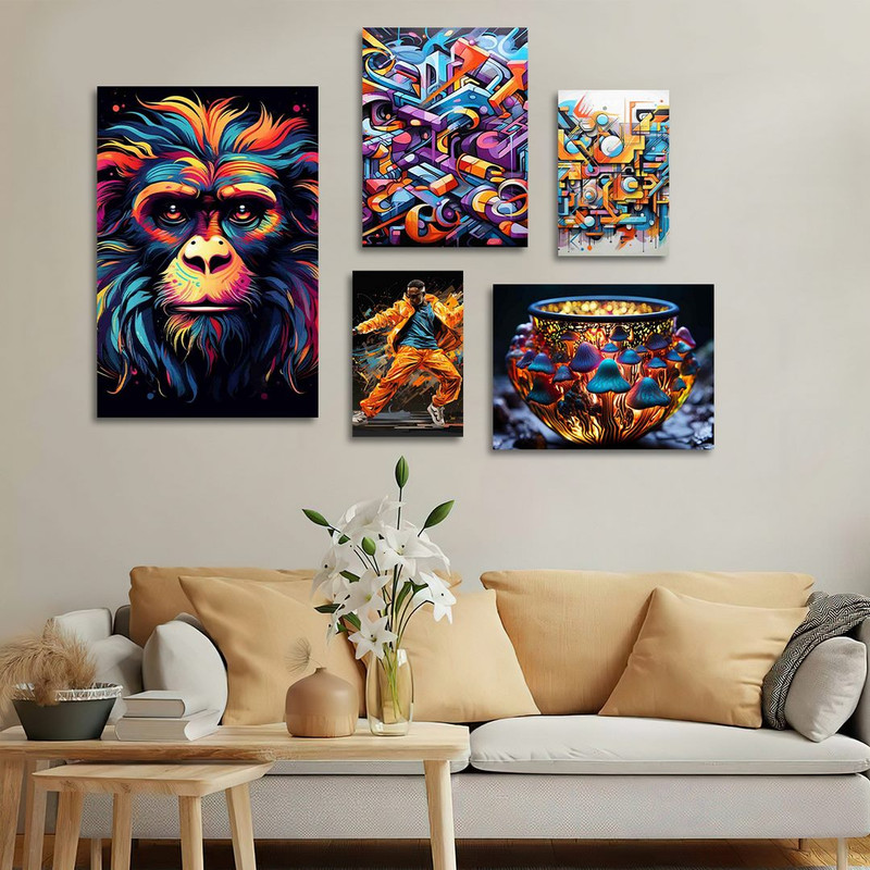 تابلو شاسی بکلیت طرح نقاشی دکوراتیو رنگ روغن میمون مدل SH-1342 مجموعه 5 عددی