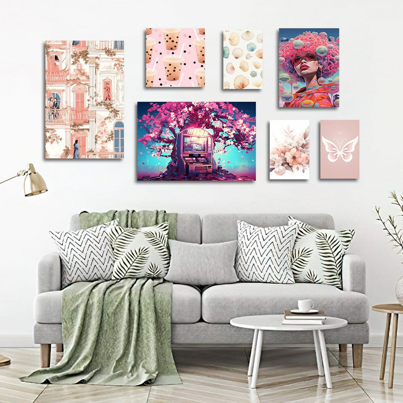 تابلو شاسی بکلیت طرح نقاشی دخترانه و درخت شکوفه مدل SH-1343 مجموعه 7 عددی