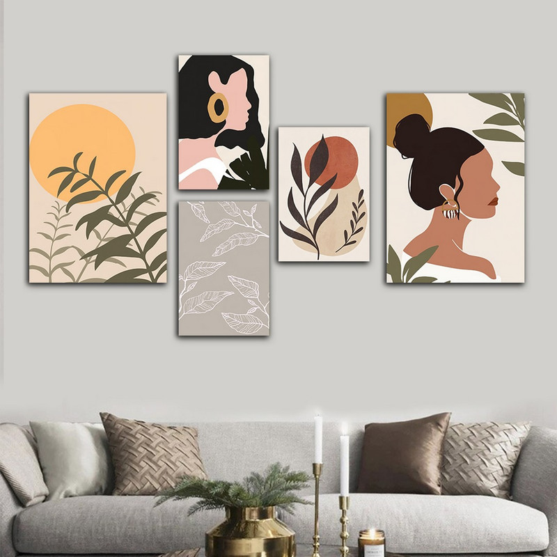 تابلو شاسی بکلیت طرح دخترانه نقاشی مینیمال آرت مدل SH-865 مجموعه 5 عددی