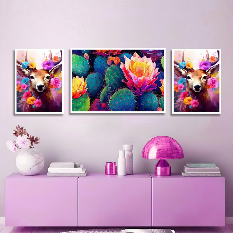 تابلو بکلیت طرح گل رنگی و آهو مدل W-1182 مجموعه 3 عددی