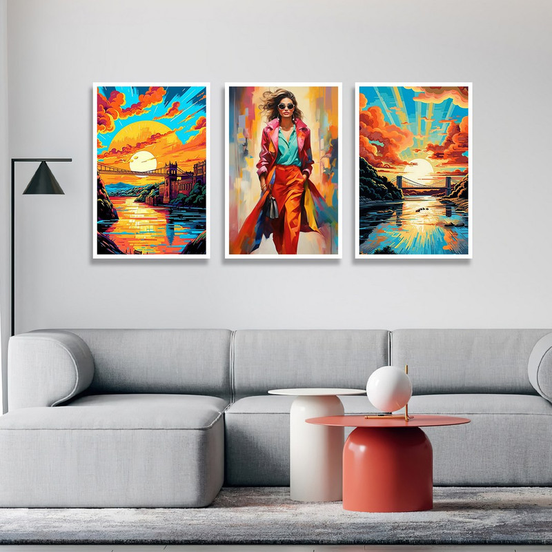 تابلو بکلیت طرح نقاشی رنگ روغن طلوع خورشید مدل W-1178 مجموعه 3 عددی