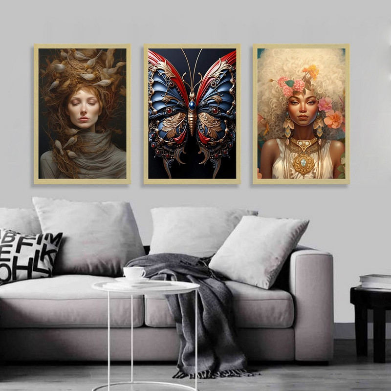 تابلو بکلیت طرح نقاشی مدرن چهره زن و پروانه مدل BE-1176 مجموعه 3 عددی