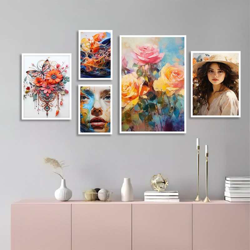 تابلو بکلیت طرح نقاشی رنگ روغن گل رنگی و چهره مدل BE-1171 مجموعه 5 عددی