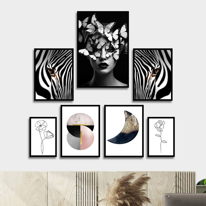 تابلو بکلیت طرح ترکیبی مدرن مینیمال و چهره و زبرا مدل B-1778 مجموعه 7 عددی