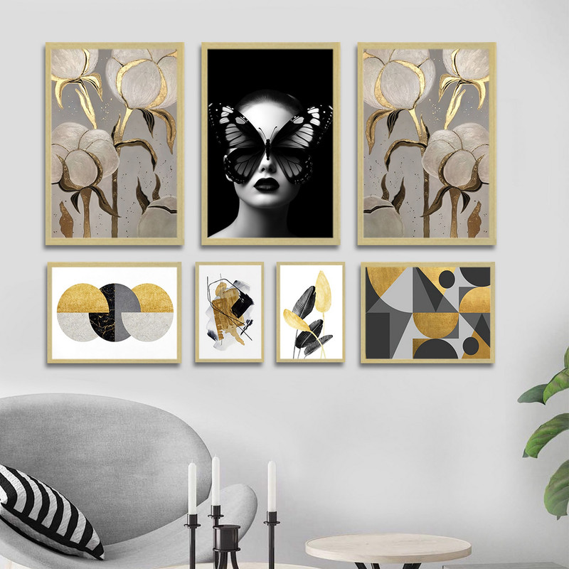 تابلو بکلیت طرح مدرن چهره و گل پنبه و مینیمال مدل BE-1776 مجموعه 7 عددی