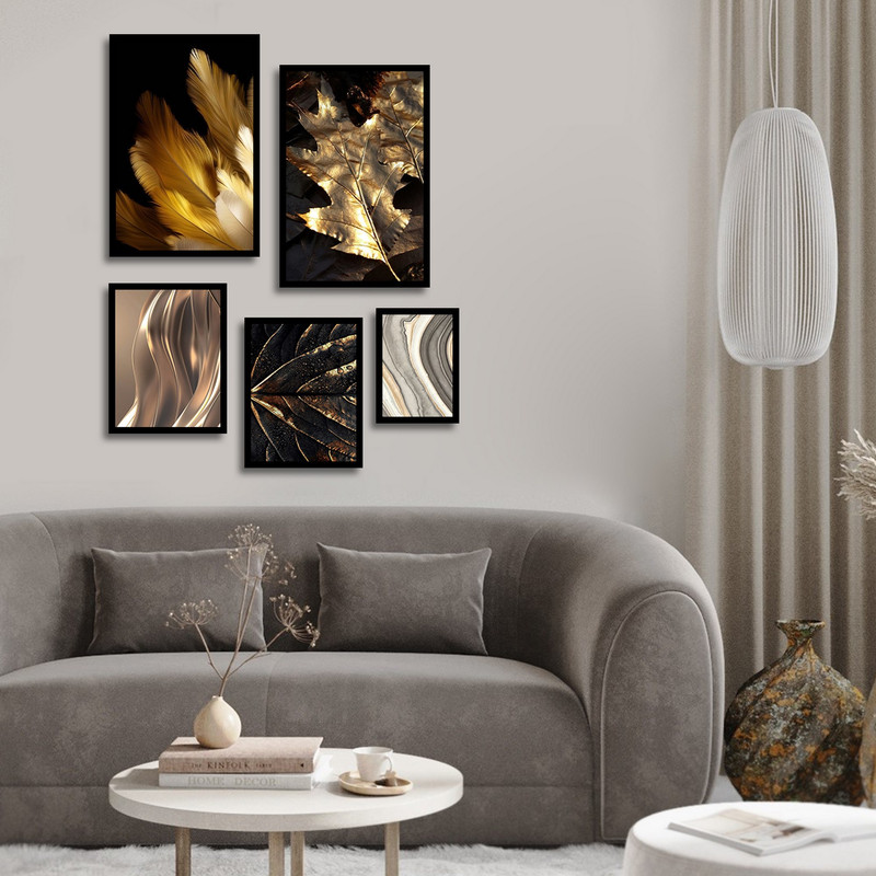 تابلو بکلیت طرح مدرن ورق طلا برگ و پر مدل B-1723 مجموعه 5 عددی