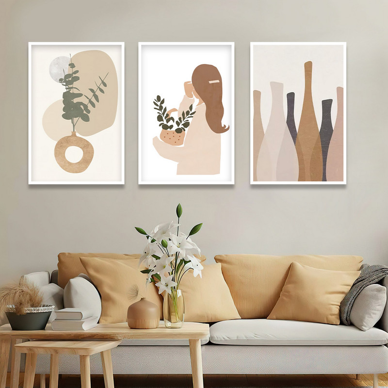 تابلو بکلیت طرح نقاشی مدرن مینیمال گلدان مدل W-1719 مجموعه 3 عددی