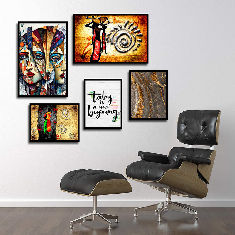 تابلو بکلیت طرح نقاشی مدرن آفریقایی مدل B-1831 مجموعه 5 عددی