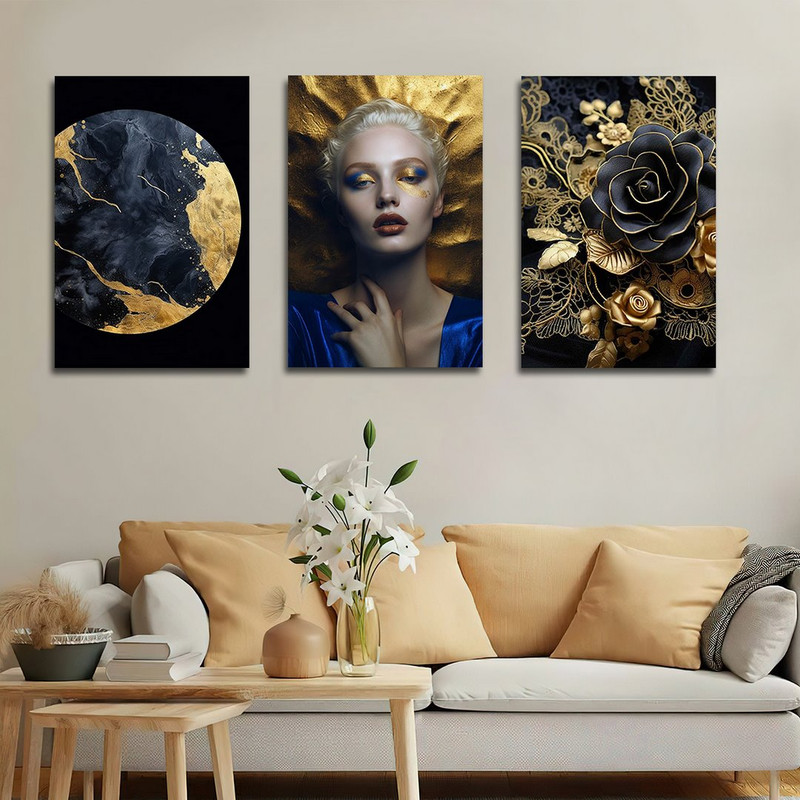 تابلو شاسی بکلیت طرح چهره و گل طلاکوب مدرن مدل SH-1377 مجموعه 3 عددی