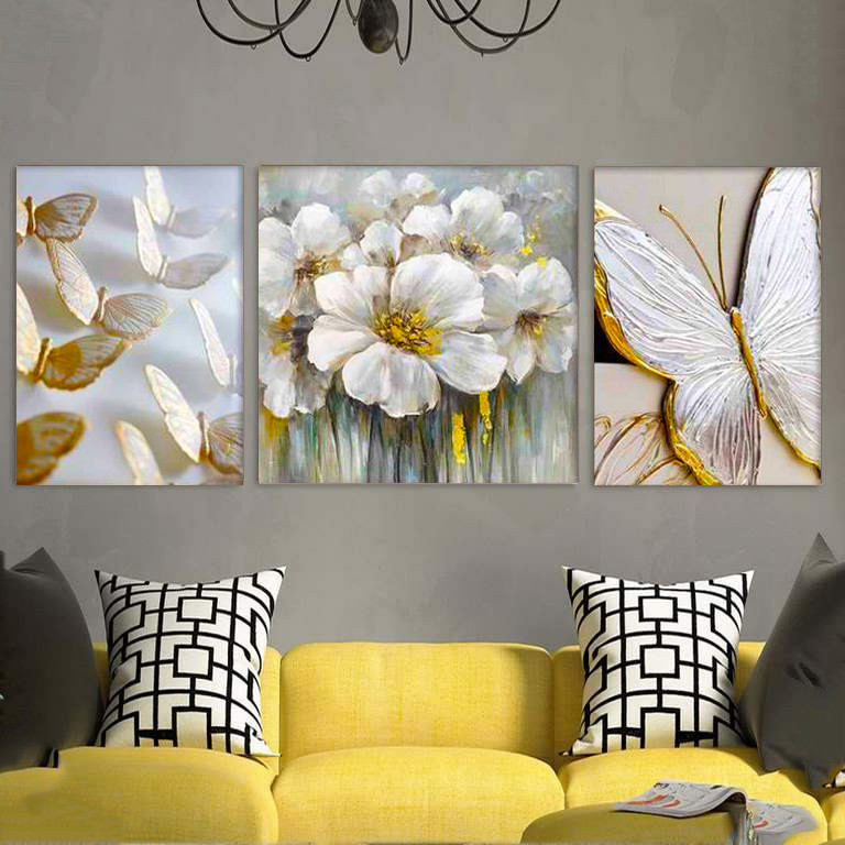 تابلو شاسی بکلیت طرح نقاشی دکوراتیو مدرن گل و پروانه مدل SH-427 مجموعه 3 عددی