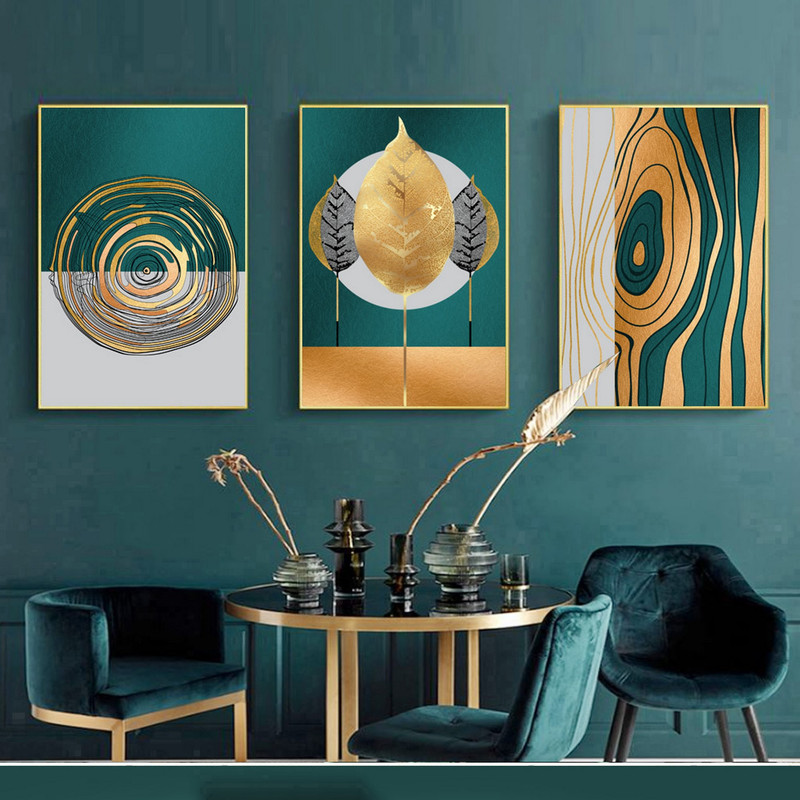 تابلو بکلیت طرح مدرن انتزاعی و برگ طلایی مدل T-1907 مجموعه 3 عددی
