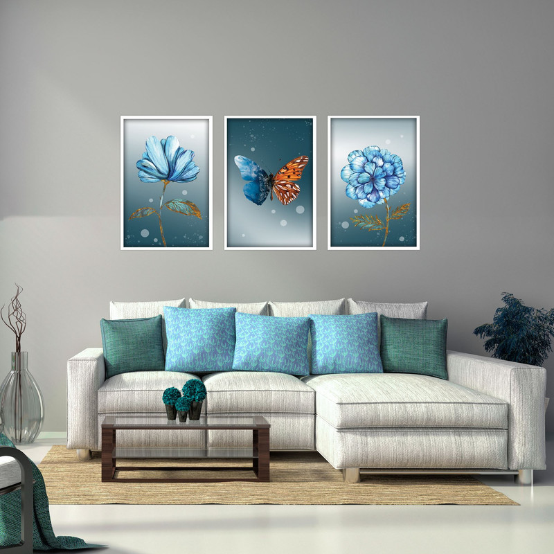 تابلو بکلیت طرح مدرن گل آبی و پروانه رنگی مدل W-1896 مجموعه 3 عددی