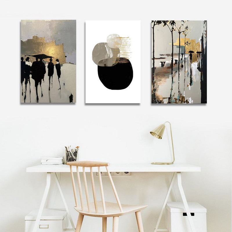 تابلو شاسی بکلیت طرح دکوری مدرن نقاشی رنگ روغن طلایی مدل SH-1446 مجموعه 3 عددی