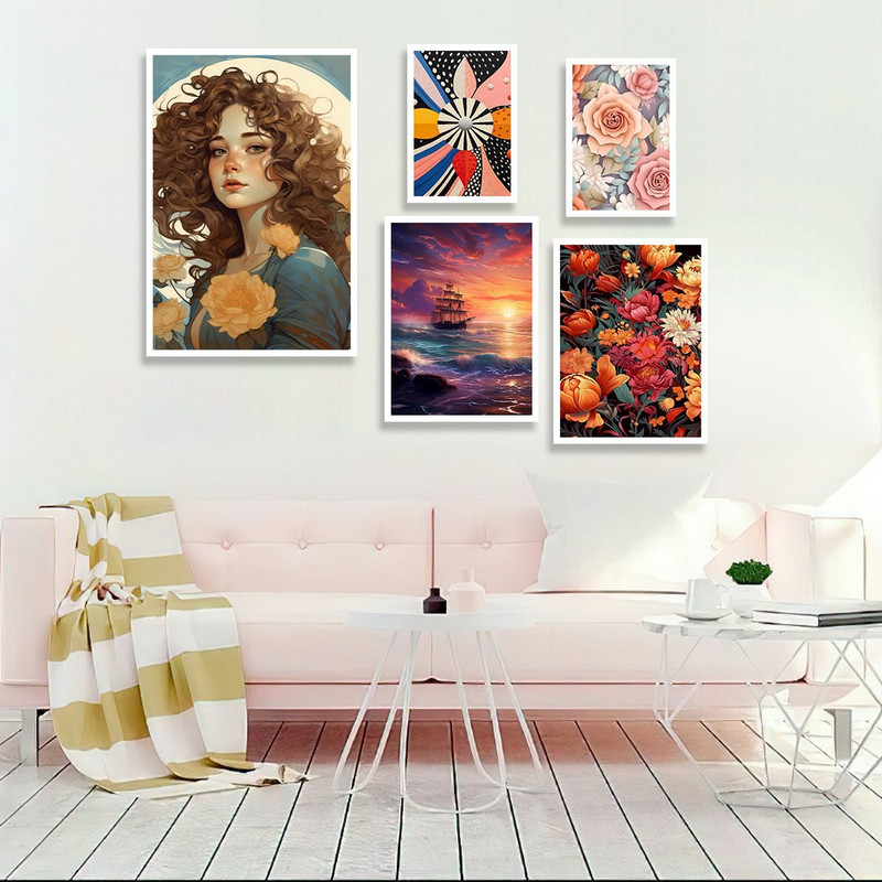 تابلو بکلیت طرح دختر و گل رنگی  مدل W-1206 مجموعه 5 عددی