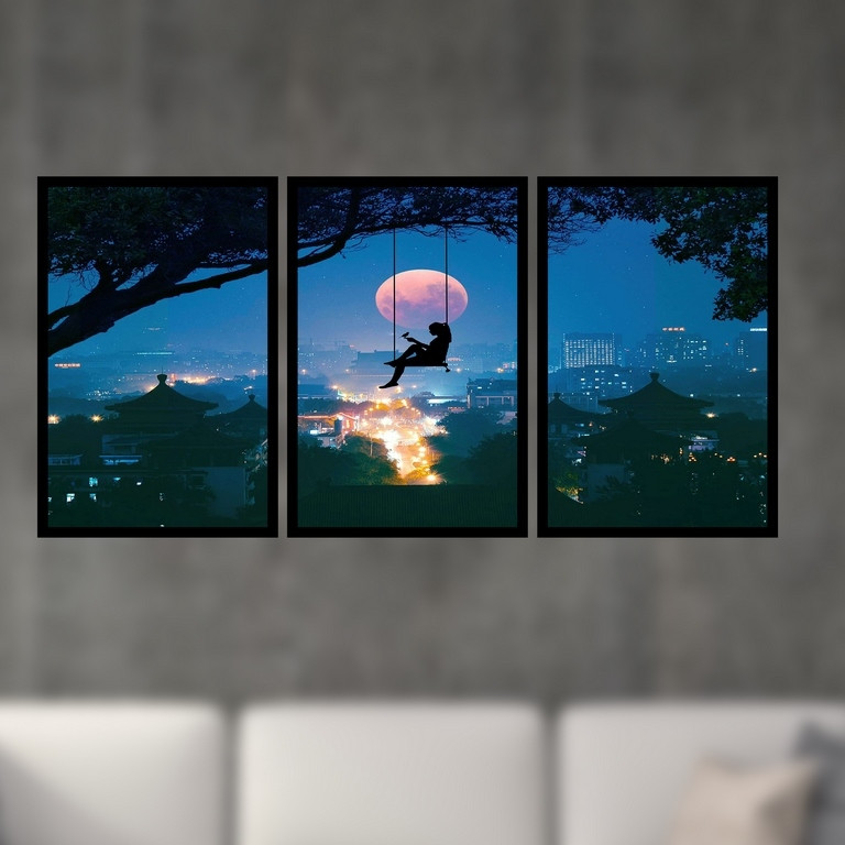 تابلو بکلیت طرح نقاشی دخترانه ی تاب درختی مدل B-S4951  مجموعه 3 عددی