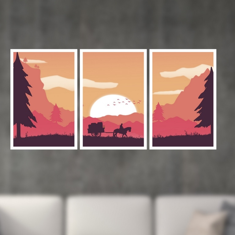 تابلو بکلیت طرح منظره طبیعت و درشکه چی مدل W-S4931 مجموعه 3 عددی