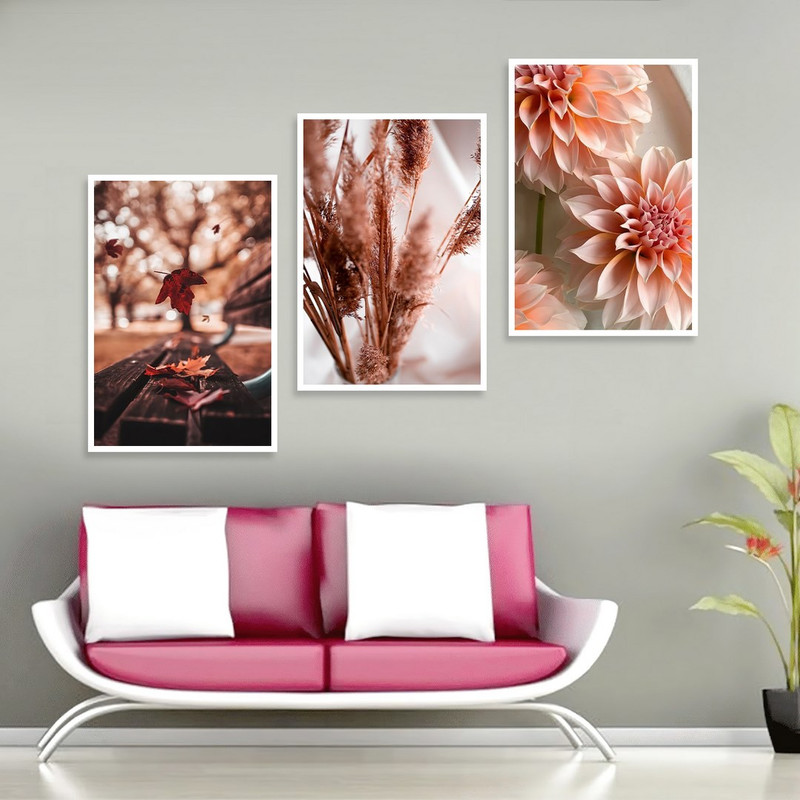 تابلو بکلیت مدل طرح برگ پاییزی و گل صورتی W-1032  مجموعه 3 عددی