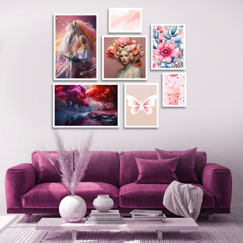 تابلو بکلیت طرح نقاشی دخترانه فانتزی و جنگل پاییزی مدل W-1380 مجموعه 7 عددی