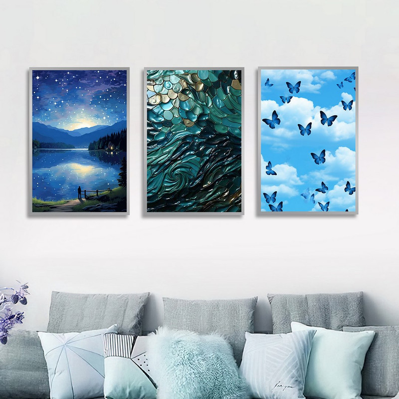 تابلو بکلیت طرح نقاشی دریاچه کهکشانی و پروانه مدل SI-1366 مجموعه 3 عددی