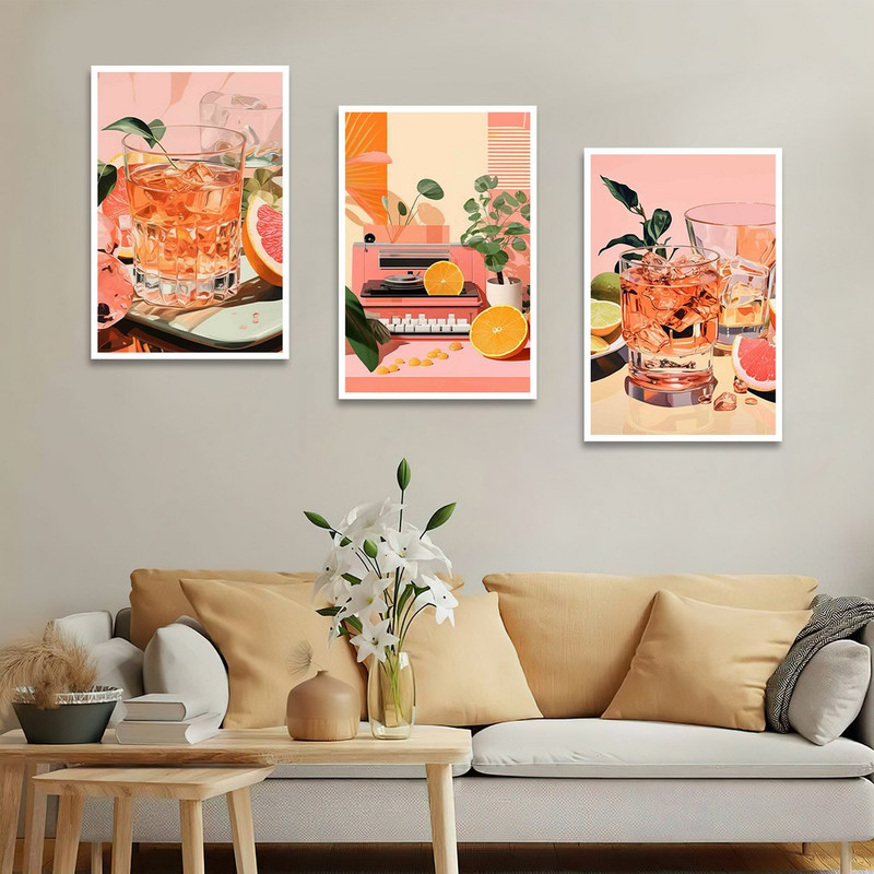 تابلو بکلیت طرح نقاشی مینیمال آبمیوه و کافی شاپ مدل W-1341 مجموعه 3 عددی